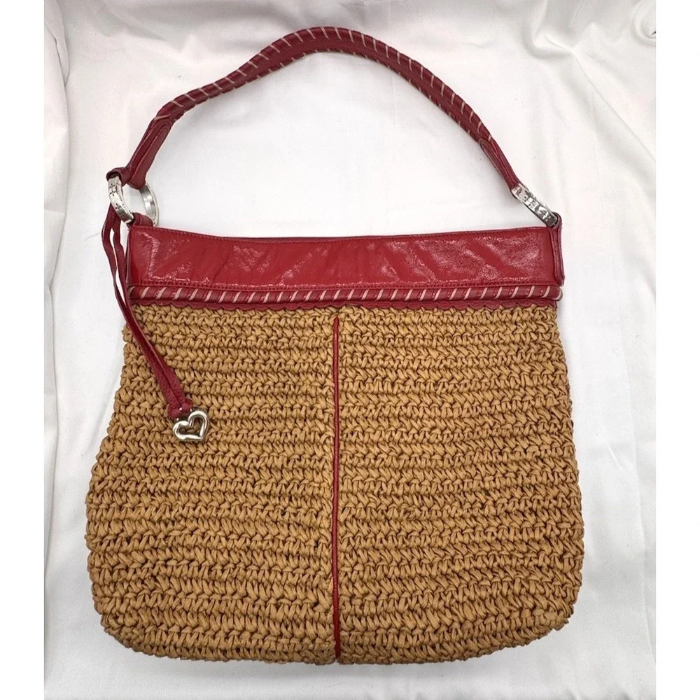 Brighton Straw Raffia Woven Shoulder Bag Purse Red Leather Trim Beach‎ Boho Hobo